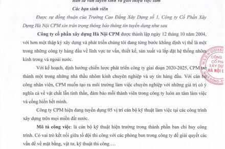 "Thư ngỏ tuyển dụng" của Công ty cổ phần xây dựng Hà Nội CPM